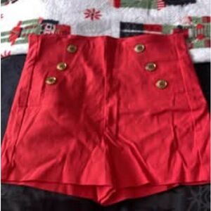 Red High-Waisted Shorts with Gold Buttons
